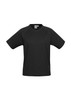 A black short sleeve tee designed for kids, featuring a simple design and a logo on the front.