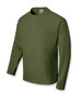 A long sleeve tee shirt in olive green, featuring a crew neckline and a logo on the label.