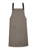 A khaki apron with brown straps and a front pocket. The apron features a logo or branding detail.