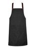 A black apron with brown straps and a front pocket, featuring a logo on one of the straps.