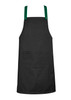 A black apron with green straps and a front pocket, featuring a logo.