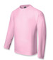 A pink long sleeve tee shirt designed for kids, with a round neckline and a logo on the label.