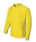 A bright yellow long sleeve tee shirt with a round neckline and a logo on the label.