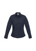 A women's navy button-up long sleeve shirt with two chest pockets and a logo.