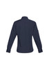 A women's long sleeve button-up shirt in navy blue, featuring a collar and buttoned cuffs. It has a logo on it.