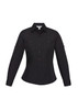 A black button-up long sleeve shirt featuring two chest pockets and a logo.