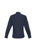 A navy long sleeve button-up shirt with a plain back design and rolled cuffs. Features a logo on the chest.