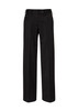 Black women's slacks with a straight leg design and a waistband featuring a button, accompanied by a logo.