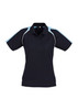 A women's short sleeve polo shirt in navy blue with light blue accents and a collar. Features a logo.