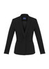 A women's black fitted blazer with a notched collar and single button fastening, featuring a logo inside.