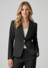 A tailored black women's blazer with a single button closure and a stylish fit, featuring a sleek design.