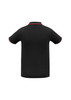 A black short sleeve polo shirt featuring contrasting trim and a logo on the collar.