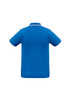 A blue short sleeve polo shirt featuring a contrasting collar and a logo. The back view showcases a simple design.