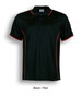 A black and red polo shirt with contrasting trim and a logo on the chest area. Short sleeves and classic collar design.