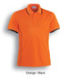 An orange and black kids' short sleeve polo shirt with contrasting trim and a logo.