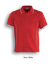 A red short sleeve polo shirt with white accents and a logo on the chest.