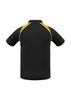 A black polo shirt with yellow accents and a logo on the chest, featuring short sleeves and a classic collar.