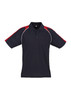 A navy blue polo shirt with red accents and a logo on the chest area. Short sleeves and a classic collar.