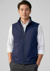 A navy men's softshell vest featuring a zip closure and high collar, worn over a white shirt.