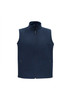 A navy vest with a high collar and zip closure, featuring two side pockets and a logo.
