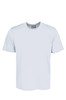 A plain white unisex micromesh tee shirt with short sleeves and a label inside.