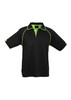 A black short sleeve polo shirt with green accents and a logo on the chest area. Ideal for casual wear.