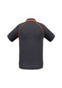 A grey short sleeve polo shirt featuring orange accents and a logo on the back.