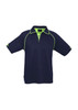 A navy men's polo shirt featuring lime green piping and a logo. Short sleeves and a classic collar design.