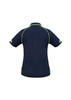 A navy short sleeve polo shirt featuring green detailing and a small logo on the back.