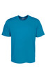 A bright blue micromesh T-shirt with a crew neck and short sleeves. It features a logo on the label.