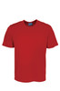 A red micromesh T-shirt with a round neckline and short sleeves, featuring a logo on the label.