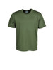 A plain olive green micromesh T-shirt with short sleeves and a round neckline. It has a logo on the label.