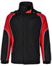 A unisex jacket featuring a black base with red accents and white piping, including a high collar and hood.