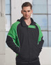 A unisex jacket in black and green, featuring a hood and a logo on the chest.