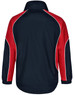 A unisex jacket in navy blue with red accents, featuring a collar and elasticated cuffs. It has a logo on the back.