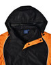 A unisex jacket featuring a black body with an orange hood and accents, showcasing a branded tag inside.