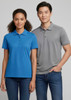A blue short sleeve polo shirt and a grey short sleeve polo shirt on two models, both featuring a logo.