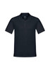 A navy blue men's short sleeve polo shirt with a collar and a logo on the chest.
