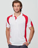A men's polo shirt in white with red accents, featuring a collar and logo branding.
