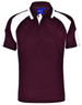 A maroon polo shirt featuring white panel accents and a collar. It has a logo on the chest area.