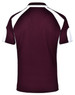 A maroon polo shirt with white detailing and a logo on the back.