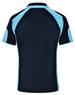 A navy blue polo shirt with light blue accents and a logo on the back.