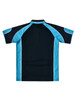 A black polo shirt featuring blue accents and a logo on the back.