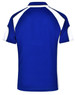 A blue polo shirt with white detailing and a logo on the back.
