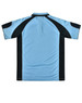 A light blue and black men's polo shirt featuring a logo, shown from the back.
