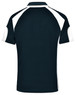 A men's polo shirt in navy with white detailing and a logo on the back.