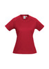 A red short sleeve tee with a fitted design, featuring a logo on the chest area.