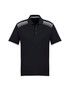 A black short sleeve polo shirt with a patterned design on the shoulders and white accents.