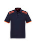 A navy short sleeve polo shirt featuring orange accents and a patterned design on the shoulders. It has a logo.