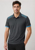 A men's short sleeve polo shirt in grey with blue accents and a branded logo on the chest.